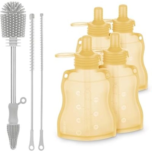 haakaa Reusable Baby Food Pouches Refillable Baby Squeeze Silicone Yummy Pouch&Cleaning Brush Kit Set-Soft Reusable Squeeze Storage Food Pouch for Kids Toddler-Bottle Brush for Breast Pumps