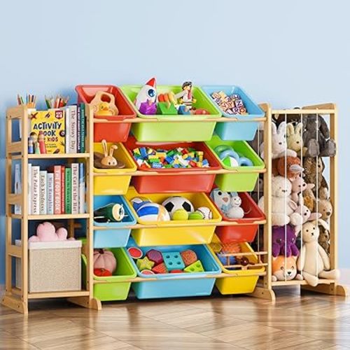 mirolam Storage Organizer with Bookshelf and Stuffed Animal Storage - Playroom Organization with Shelves and 12 Bins - Living Room Box for Lego - Bedroom Decor Essentials