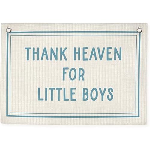 Boys Nursery Decor – Thank Heaven for Little Boys Linen Banner, Baby Shower, Vintage Canvas Wall Hanging, Blue Baby Room Decoration, 20x30 Inch