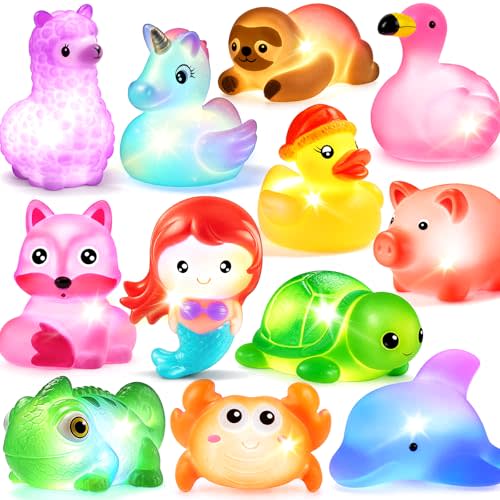 12 Pack Light up Animals Bath Toys, Floating Rubber Tub Toys | Water-Activated Flashing Color Toys for Swimming Pool,No Hole Bath Toy for Bathtub Bathroom Shower, Glow Toy