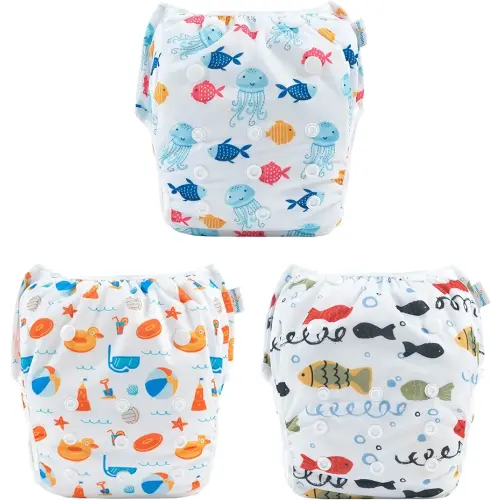 Babygoal Baby Swim Diapers 3 Pack for 0-8 Months Infant Girls and Boys, Reusable Adjustable Washable for Swimming Lessons-Fish,Duck