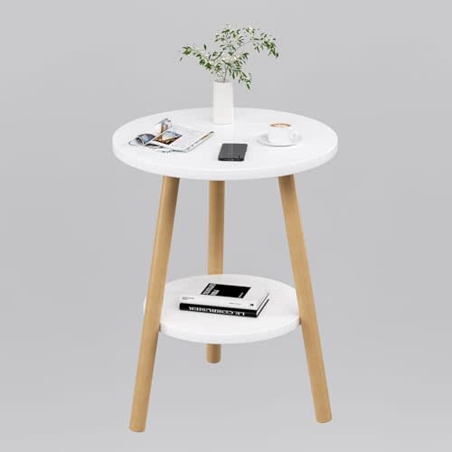 OERGKE Round End Table, Small Side Tables with Lower Shelf, Coffee Table, Bedside Table, Mid Century Modern Nightstand for Living Room, Bedroom, Corners and Office (White)