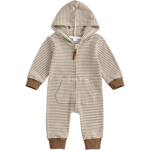 Newborn Infant Baby Boy Clothes Striped Waffle Knit Long Sleeve Zipper Hooded Romper Jumpsuit Cute Fall Winter Outfit