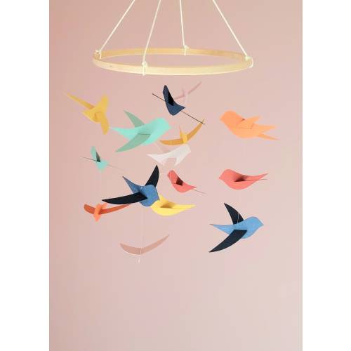 15 birds baby mobile in recycled paper - Ecological and poetic decoration for a child's bedroom