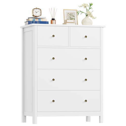 "Homfa White 5-Drawer Dresser, Tall Dresser for Bedroom, Compact Design, Deep Drawers, 29.5"" x 15.7"" x 37"
