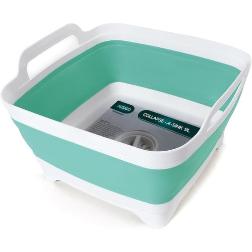 Collapsible Dish Basin with Drain Plug, 2.4 Gal (9L) Space-Saving Foldable Sink, Wash Basin for Kitchen, Baby Bottles, Vegetable Washing, Camping, RV and Party Beverage Tubs (gray)