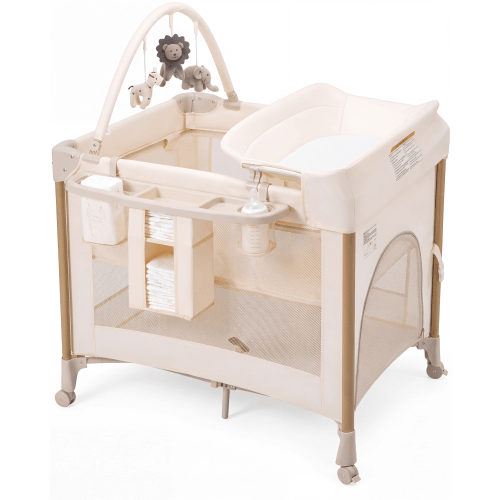 PRVAETU 4-in-1 Baby Playard with Bassinet,Portable Playpen with Changing Table,Pack and Play for Newborn,Beige