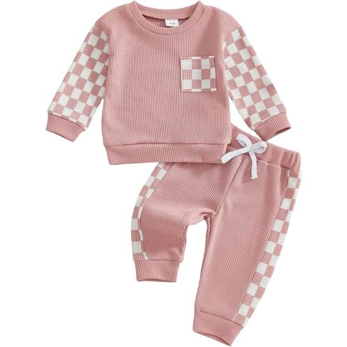 allshope Toddler Baby Girl Fall Outfit Checkerboard Patchwork Long Sleeve Sweatshirt Elastic Waist Pants Newborn Clothes Set