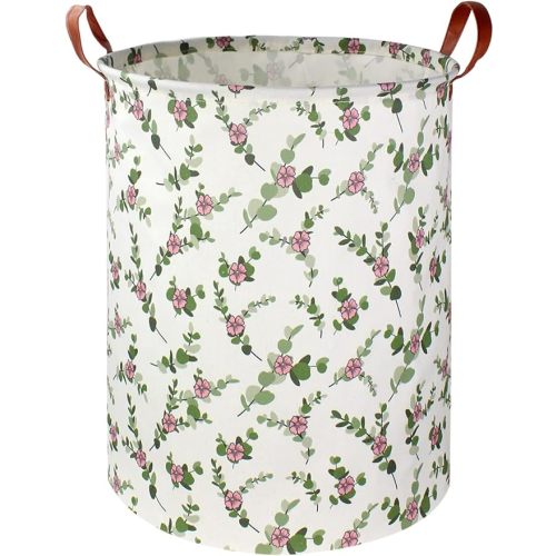 Large Round Canvas Linen Laundry Hamper, Waterproof Storage Bin for Books/Clothes, Laundry Basket, Gift Basket(Eucalyptus leaves)