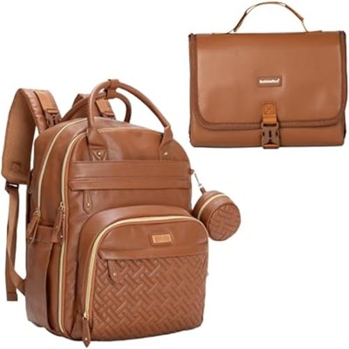 BabbleRoo Vegan Leather Portable Changing Pad Brown & Basic Diaper Bag Brown