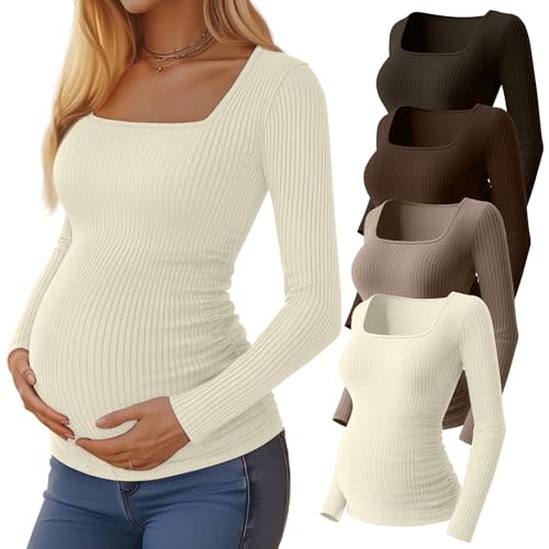Huukeay 4 Pack Women's Maternity Shirts Ribbed Pregnancy Tops | 92% Cotton Long Sleeve Maternity Clothes, Square Neck Side Ruched Pregnancy Shirts, Cute Fall Winter Maternity Tops for Work