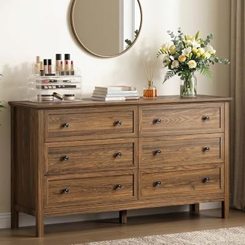 Walnut 6 Drawer Dresser for Bedroom, 55" Wood Chests of Drawers for Hallway