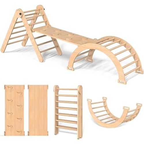 5 in 1 Montessori Pikler Triangle Climbing Set, Large Indoor Foldable Wooden Baby Climbing Gym Climber with Arch Slide for Toddler 1-3