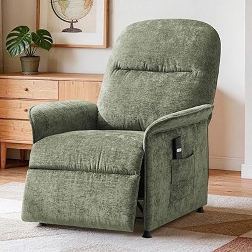 Power Recliner Chair for Adults, Electric Recliner with Curved Arms & Side Storage Pockets, Ergonomic Adjustable Reclining Chair for Living Room Bedroom, Chenille, Green