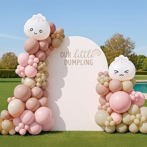 125 Pcs Little Dumpling Baby Shower Decorations - Kawaii Bao Bun First Birthday Themed Balloon Arch Kit, Dusty Pink Nude Neutral Balloon Garland Set for Girl