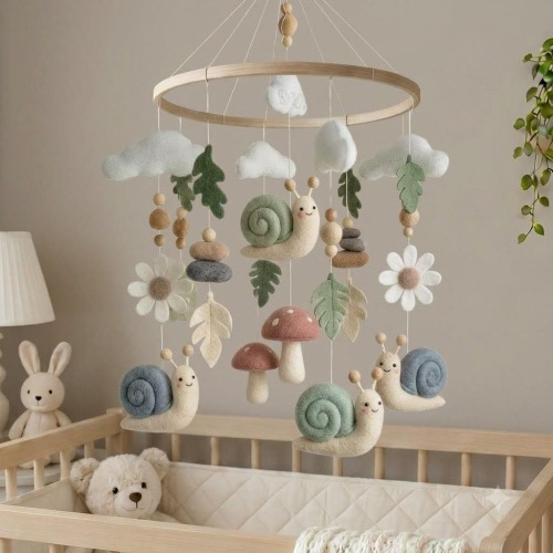Felt Woodland Baby Mobile, Snail Crib Mobile with Mushroom & Flowers, Forest Nursery Decor, Felt Baby Mobile, Neutral Baby Shower Gift