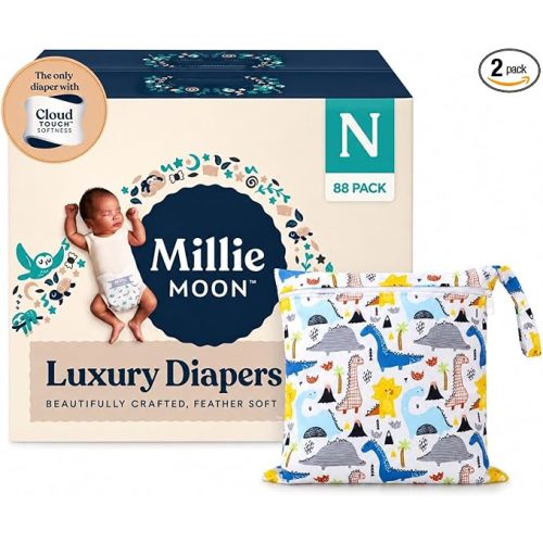 Millie Moon Luxury Diapers Newborn (0-10 lbs) 88 Ct w/Wet Dry Bag