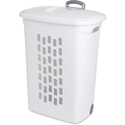Sterilite 3-Pack Ultra Wheeled Hamper, Laundry Basket w/ Flip-Top Lid & Retractable Handle - Plastic Rolling Clothes Storage Cart with Ventilated Holes for Home, Apartment or Dorm
