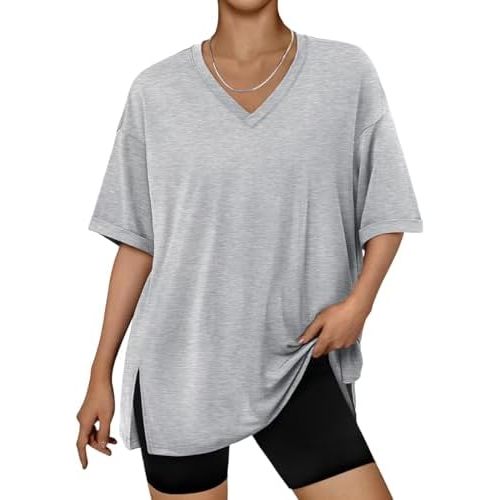 Trendy Queen Oversized Tshirts For Women Workout Plus Size Tops V Neck Short Sleeve Gym Shirts Casual Loose Fit Basic Tees