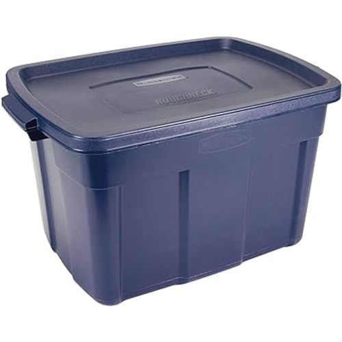 Rubbermaid Roughneck Tote 25 Gal, 4 Pack, Made in USA, Dark Indigo Metallic, Rugged Plastic Stackable Storage Bins with Lids and Handles