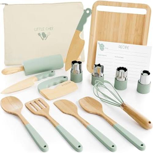 Amazon.com: Wooden Cooking & Baking Set for Kids - Safe & Real Toddler Kitchen Tools | Durable Utensils Give Toddlers a Fun Cooking Experience - Perfect for Gifting to Create Lasting Family Memories
