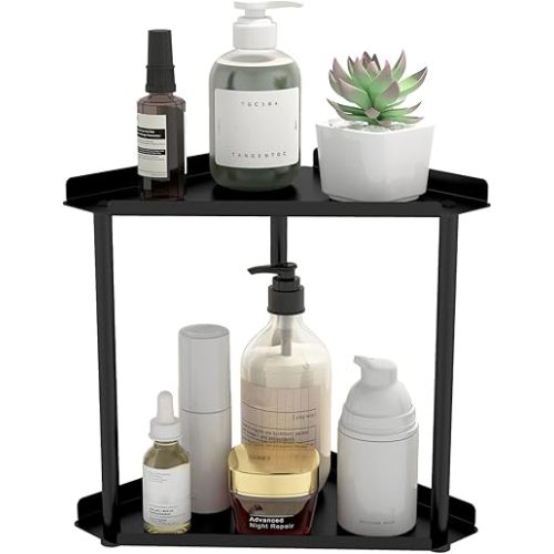 Jesginboo 2 Tier Bathroom Counter Organizer, Vanity Organizer Corner Shelf, Skincare, Makeup Countertop Organizers, Kitchen, Bathroom Counter Storage, Black