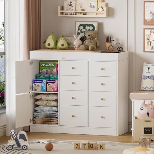CASANOOKK Changing Table Dresser with Drawers,Modern Baby Dresser with Changing Table Top for Nursery,Diaper Changing Station Organizer for Infants Newborn,White