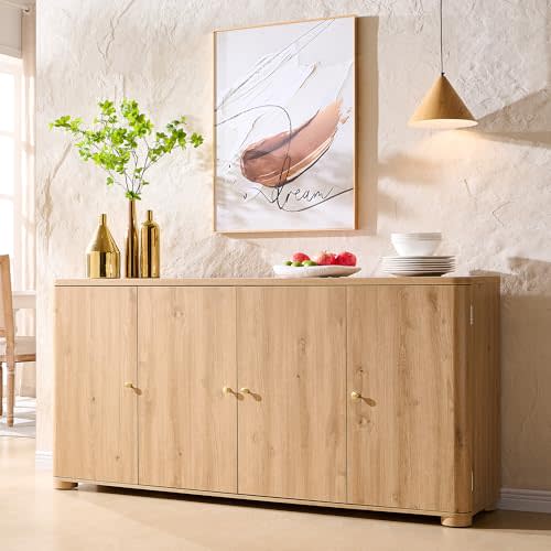 Curved Buffet Cabinet with Doors, 66" Large Sideboard Buffet Storage Cabinet with 4 Doors and Shleves, Modern Coffee Bar Station Wood Kitchen Table for Kitchen, Dining Room, Natural