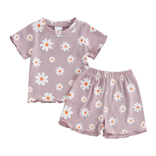 fhutpw Toddler Baby Girls Summer Outfits Daisy Ruffle Short Sleeve T-Shirts Tops Floral Shorts 2Pcs Clothes Set 6M-4T