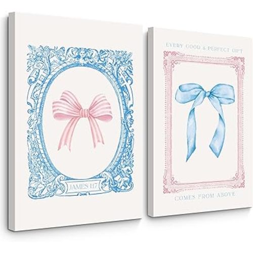 Preppy Bow Wall Art Decor Set of 2 Coquette Canvas Wall Decor Aesthetic Pictures Trendy Girly Wall Art Pink Blue Bow Prints Christian Bible Verse Poster for Bedroom Living Room 12x16 Inch Framed