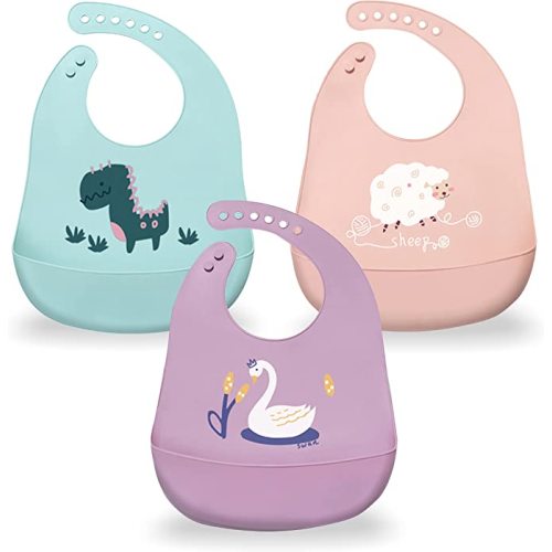 Silicone Baby Bibs with Food Catcher (Set of 3) - BPA Free Plastic, Durable and Adjustable Bib - Silicone Bibs for Babies, Toddlers, Boys, and Girls- Rubber Bibs - Silicone Baby Bibs with Pouch