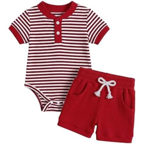 Baby Boy Clothes Ribbed Short Sleeve Striped Romper Top Solid Shorts with Pocket Baby Boy Summer Outfits 0-18M