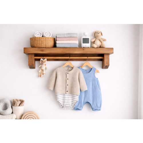Wooden Nursery Shelf with Hanging Rail | Baby Room Wall Shelf | Montessori Toddler Clothing Rack | Baby Shower Gift | Handmade UK
