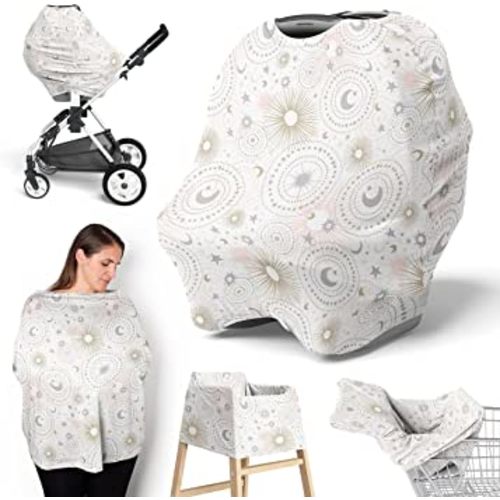 Sweet Jojo Designs Star and Moon Girl Infant Baby Car Seat Cover Nursing Breastfeeding Shopping Cart Stroller Canopy - Blush Pink Gold and Grey Celestial Sky Stars Shabby Chic