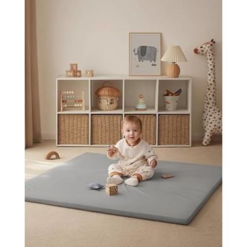 Blissful Diary Vegan Leather Baby Play Mat, 47x47 Thicken Foam Cushioned & Waterproof Playpen Mat for Infants and Toddlers, Stylish and Just Wipe-Clean Playmat for Baby Play on Floor, Light Gray