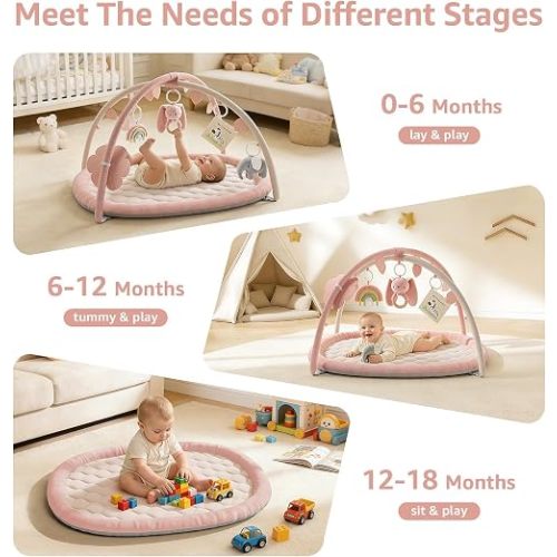 TinyThrive Baby Play Gym, Baby Play Mat with 5 Detachable Toys, Pink