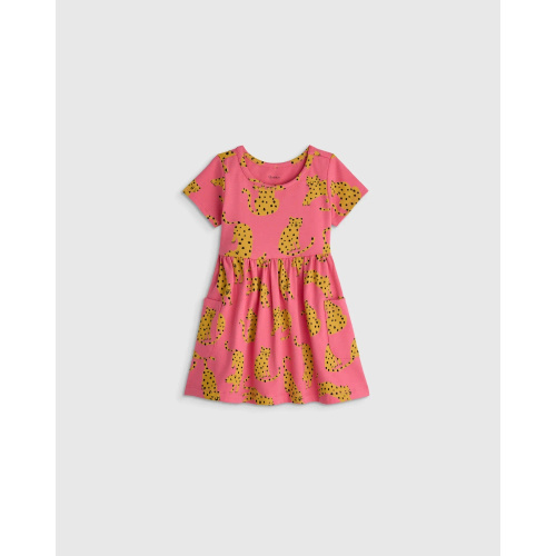 Organic Cotton Fit and Flare Pocket Dress - Baby Girl in Pink Jungle Cats