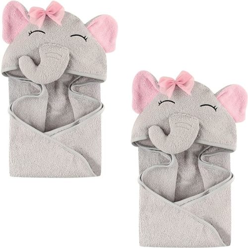 Hudson Baby Unisex Baby Cotton Animal Face Hooded Towel, Pretty Elephant 2-Piece, One Size