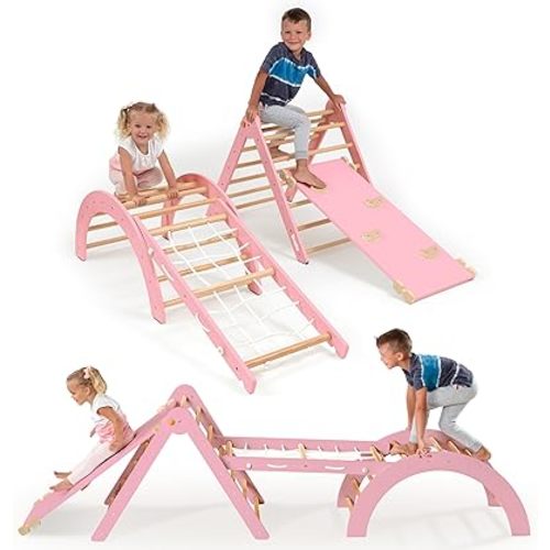 Ocodile Extra-Large 6-in-1 Pikler Triangle Climbing Set – Oversized Montessori Climbing Toys for Toddlers – Spacious Indoor Wooden Play Gym for Kids Ages 2-6 – Pink