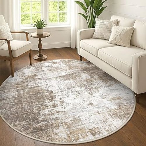 IOHOUZE Abstract Round Area Rug 6 Ft Washable Circle Rugs Large Round Rug Non Slip Thin Soft Circle Rugs, Printed Faux Wool Floor Carpet for Bedroom Living Room Dining Room Nursery, Beige Brown