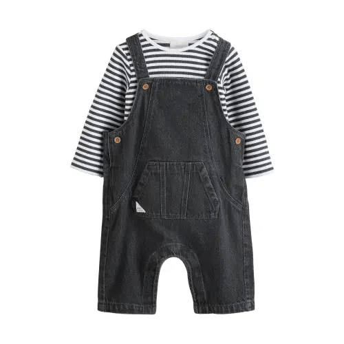 Stripe Long Sleeve T-Shirt & Denim Overalls Set