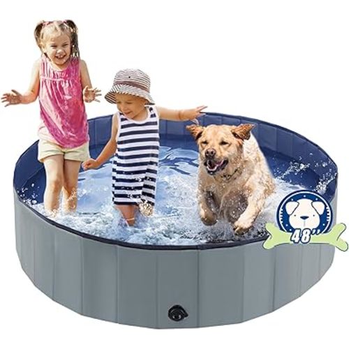 Foldable Dog Bath Swimming Pool Plastic Kiddie Pool Professional Tub Collapsible Grooming Bathtub for Pets Kids Baby and Toddler, 32 x 8 Inches Blue (Gray, L - 48'' x 12'')