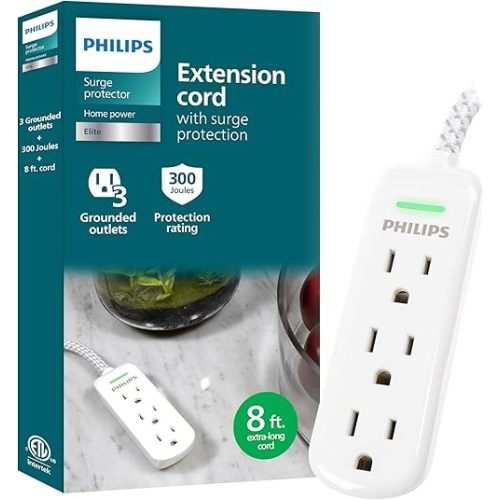 Philips 8 Ft Indoor Extension Cord with Surge Protection, 3-Outlet, Flat Plug, 300 Joules, UL Listed, White, SPP3433BB/37