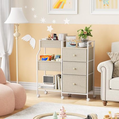 Modanais Baby Organizer and Storage - 3 Tier Rolling Cart with Dividers and Drawers, Easy To Assemble, Mobile Utility Cart with Wheels for Nursery, Bedroom, Changing Table & Crib,Off White