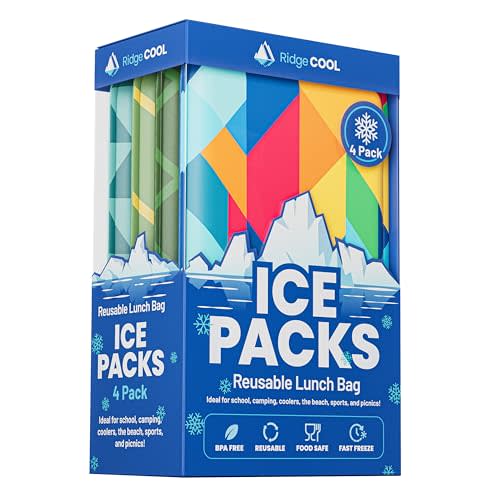 Ridgecool Slim Ice Packs for Lunch Boxes and Coolers, 4 Pack Reusable Gel Freezer Packs with Bold Colorful Designs, BPA-Free Food Safe Non-Toxic Cold Packs, Long Lasting Ice Packs for Adults and Kids, 4.5 x 6 In