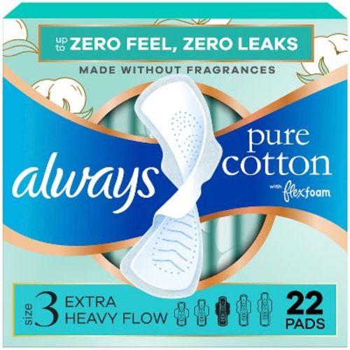 Always Pure Cotton With Organic Cotton Top Layer, Extra Heavy Flow FlexFoam Pads - Size 3 - 22ct : Target