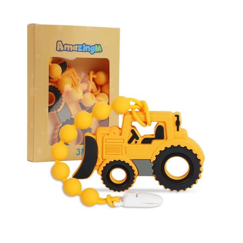 Baby Food Grade Silicone Carrier Vehicle Teether Toy with One Piece Design Pacifier Clip Holder,Teething Pain Relief Toys Gift Set for 3 Months+ Boys and Girls,Freezer Safe,BPA Free. (Bulldozer)