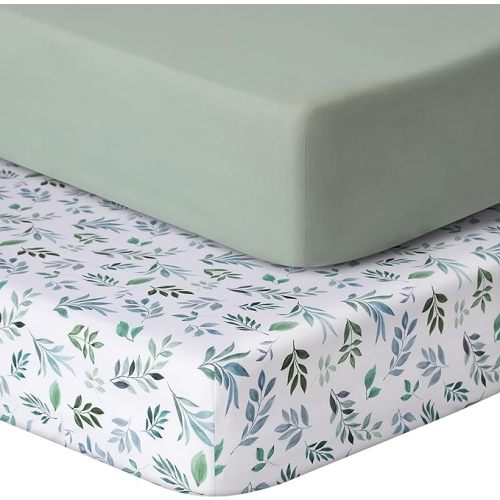 Baby Crib Sheets for Boys Girls, 2 Pack Fitted Crib Sheet for Standard Crib and Toddler Mattress, Soft Microfiber Baby Sheet 52x28x8in (Leaf & Green)