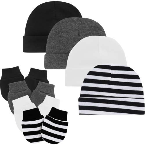 Baby Newborn Hats and Mittens Set 0-6 Months Cotton Beanie Top Knot for Baby Boys Girls Winter