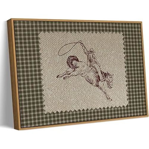 Framed Vintage Western Wall Art Cowboy Rodeo Canvas Print Rustic Gingham Plaid Stamp Decor Mid Century Western Picture for Office Nursery or Study 8x10 Inch
